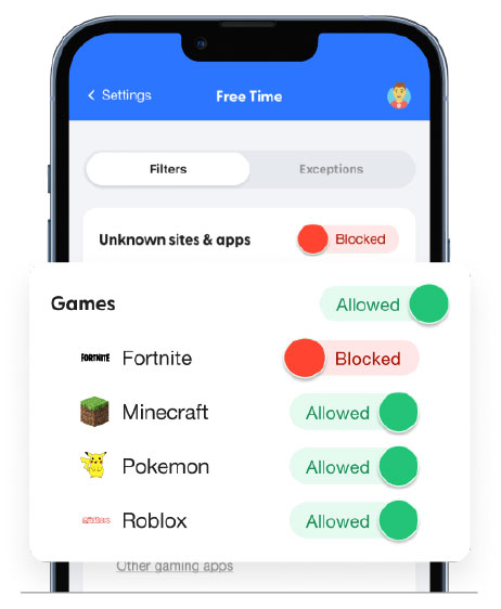 Bark app screenshot showing Free Time filters with Fortnite blocked and Minecraft, Pokémon, and Roblox allowed.