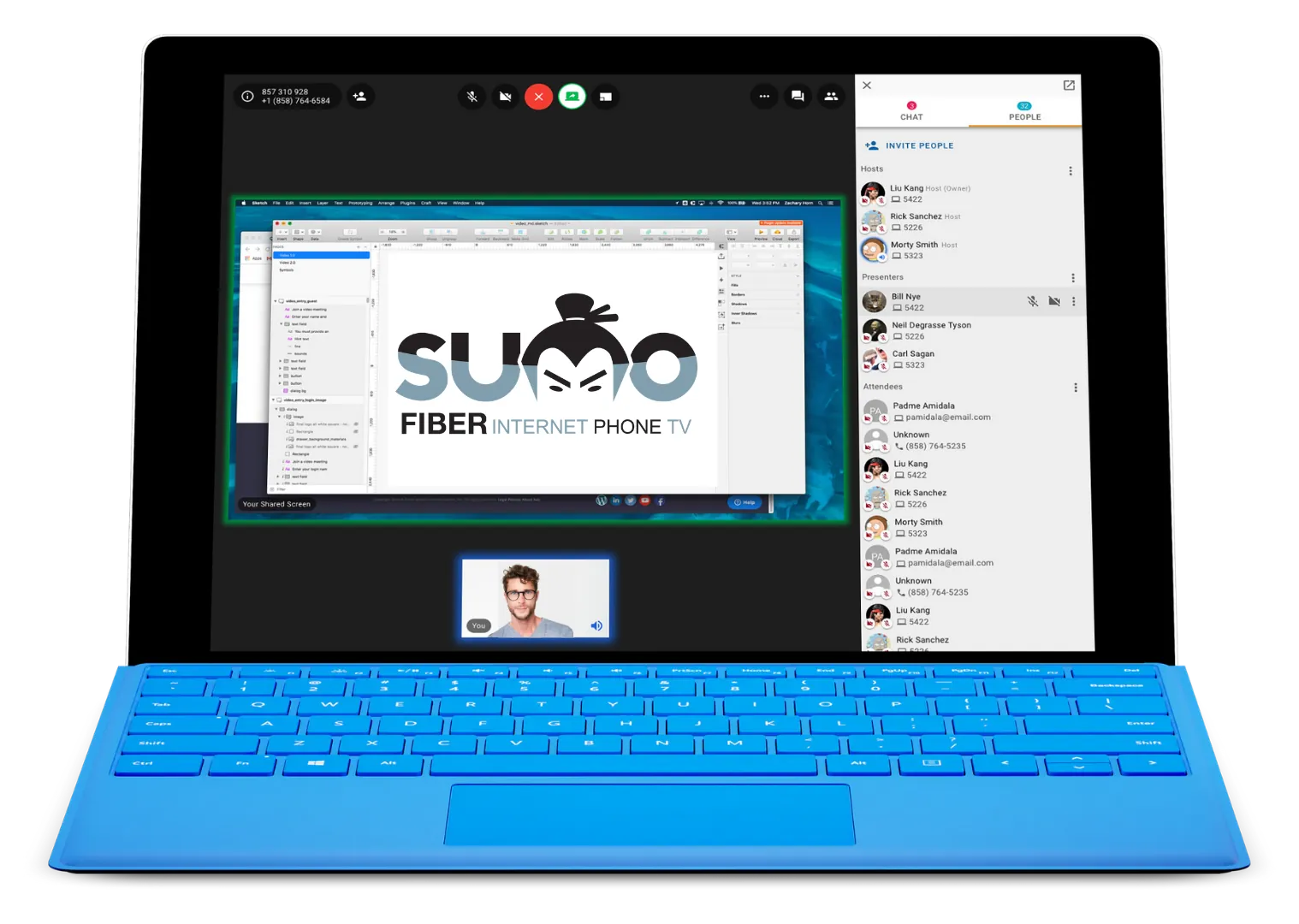 Illustration of SumoFiber Video Conferencing recording controls and recorded session library on a laptop